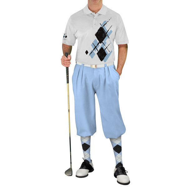 Golf Knickers: Mens Argyle Utopia Golf Shirt - YYYY: Light Blue/Black/White