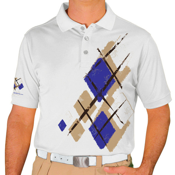 Golf Knickers: Mens Argyle Utopia Golf Shirt - WWWW: Khaki/Royal/White