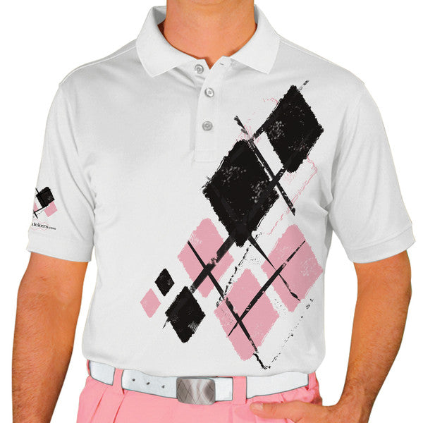 Golf Knickers: Mens Argyle Utopia Golf Shirt - XXXX: White/Pink/Black