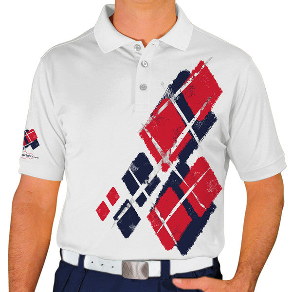 Golf Knickers: Mens Argyle Utopia Golf Shirt - NN: Navy/Red