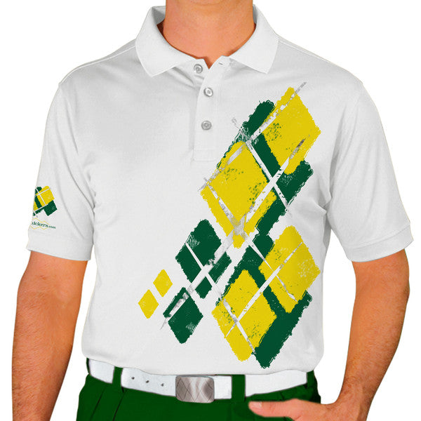 Golf Knickers: Mens Argyle Utopia Golf Shirt - EEE: Dark Green/Yellow