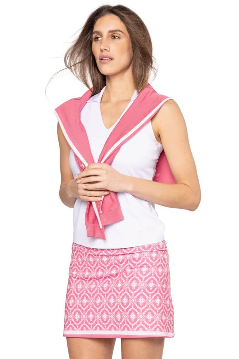 Golftini: Women's Long Sleeve V-Neck Sweater - Nantucket Pink/White
