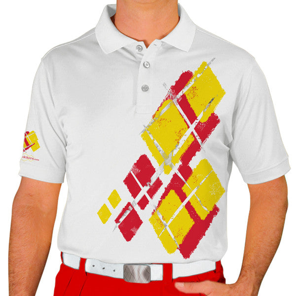 Golf Knickers: Mens Argyle Utopia Golf Shirt - VV: Red/Yellow