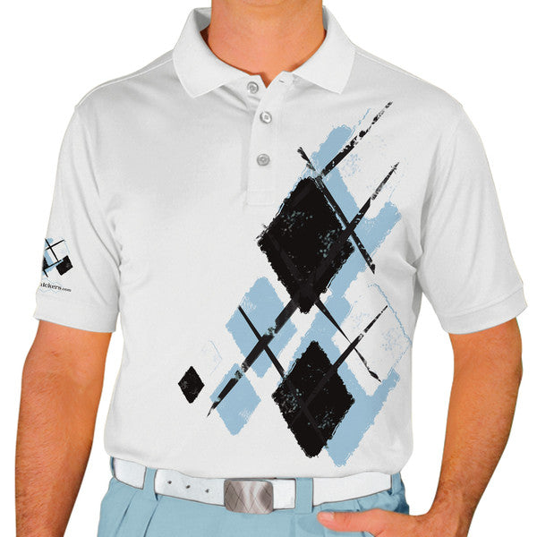 Golf Knickers: Mens Argyle Utopia Golf Shirt - YYYY: Light Blue/Black/White