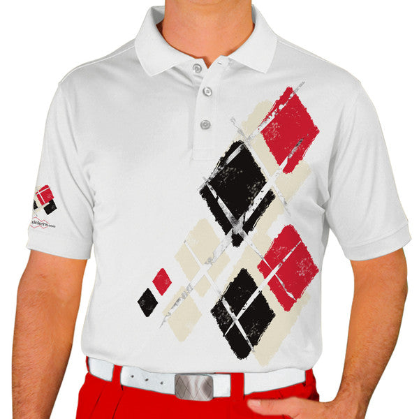 Golf Knickers: Mens Argyle Utopia Golf Shirt - C: Natural/Black/Red