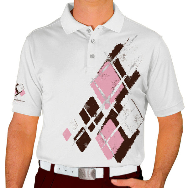 Golf Knickers: Mens Argyle Utopia Golf Shirt - AAAA: Brown/Pink/White