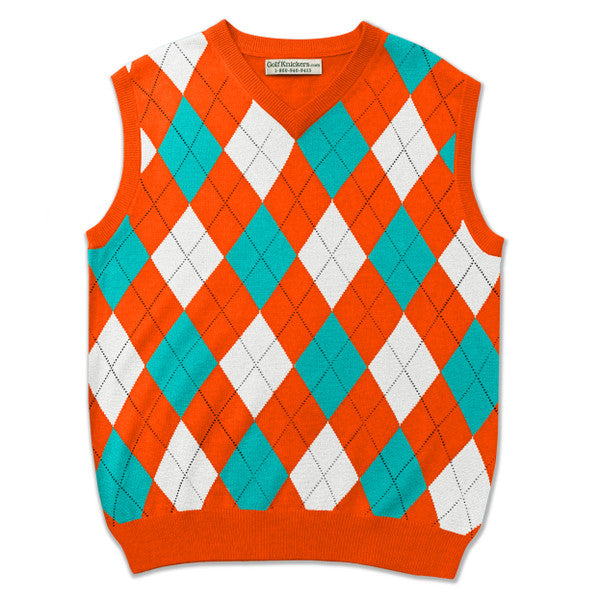 Golf Knickers: Men's Argyle Sweater Vest - Orange/White/Teal