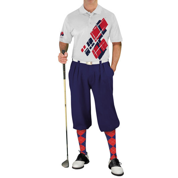 Golf Knickers: Mens Argyle Utopia Golf Shirt - NN: Navy/Red