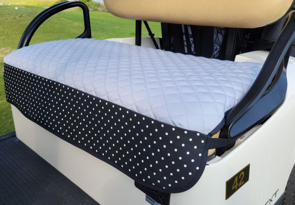 GolfChic: Golf Cart Seat Cover - Silver-Grey Quilted with B&W Polka Dot Trim