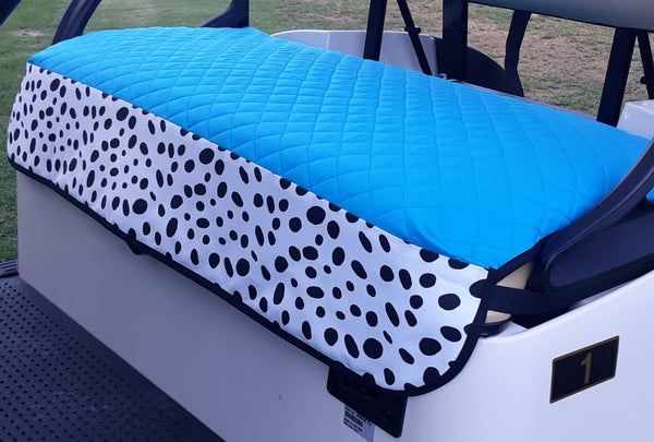 GolfChic: Golf Cart Seat Cover - Turquoise Quilted with TOGO Outdoor Fabric Print Trim