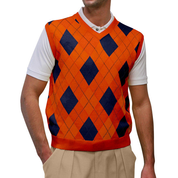 Golf Knickers: Men's Argyle Sweater Vest - Orange and Navy