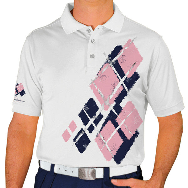 Golf Knickers: Mens Argyle Utopia Golf Shirt - AAA: Navy/Pink