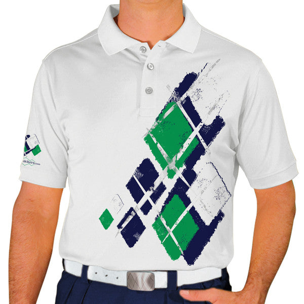 Golf Knickers: Mens Argyle Utopia Golf Shirt - 5N: Navy/Lime/White