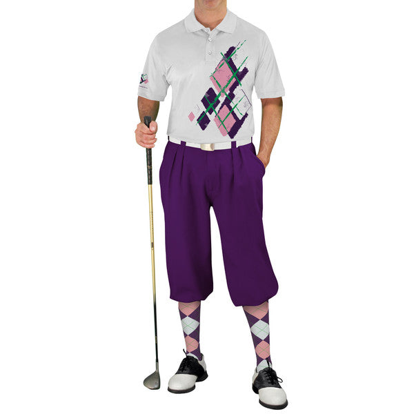 Golf Knickers: Mens Argyle Utopia Golf Shirt - OOO: Purple/Pink/White