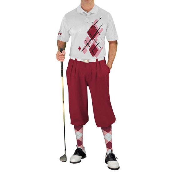 Golf Knickers: Mens Argyle Utopia Golf Shirt - VVV: Pink/Maroon/White