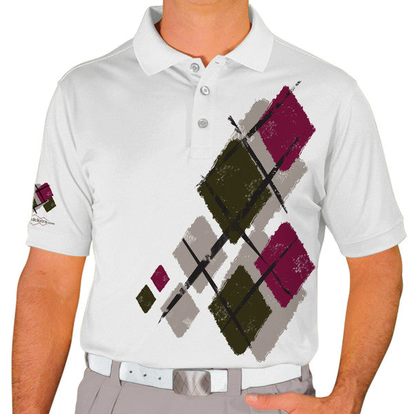 Golf Knickers: Mens Argyle Utopia Golf Shirt - B: Taupe/Maroon/Olive