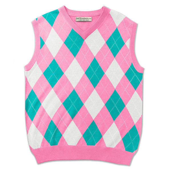 Golf Knickers: Men's Argyle Sweater Vest - Pink/White/Teal