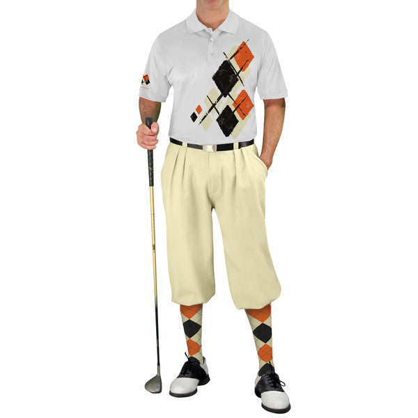 Golf Knickers: Mens Argyle Utopia Golf Shirt - QQQQ: Natural/Black/Orange