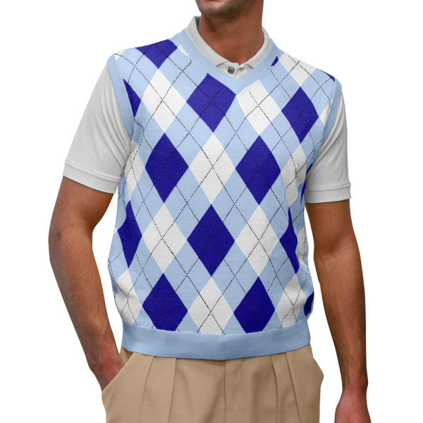 Golf Knickers: Men's Argyle Sweater Vest - Lt. Blue/Royal/White