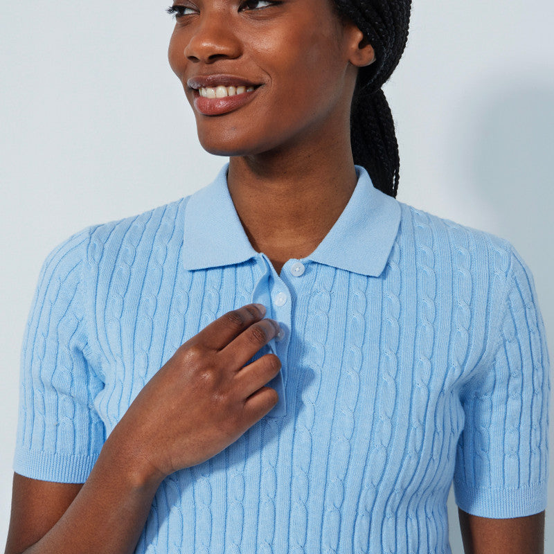 Daily Sports: Women's Madelene Cable Knit Short Sleeve Polo Shirt - Belle Blue