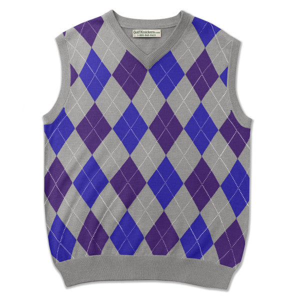Golf Knickers: Men's Argyle Sweater Vest - Taupe/Purple/Royal