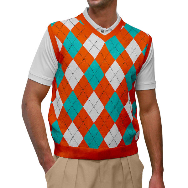 Golf Knickers: Men's Argyle Sweater Vest - Orange/White/Teal