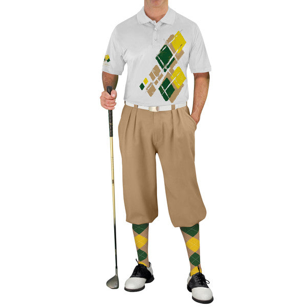 Golf Knickers: Mens Argyle Utopia Golf Shirt - KKK: Khaki/Dark Green/Yellow