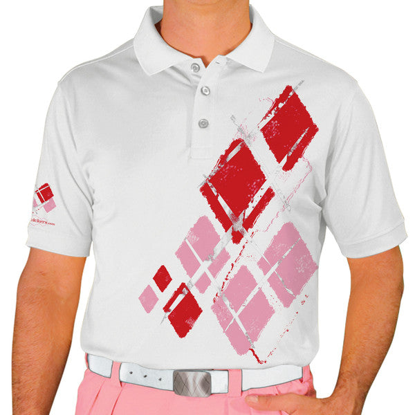 Golf Knickers: Mens Argyle Utopia Golf Shirt - 6Q: White/Pink/Red