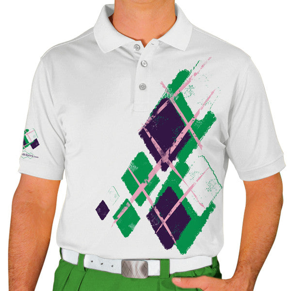 Golf Knickers: Mens Argyle Utopia Golf Shirt - LLL: Lime/Purple/White