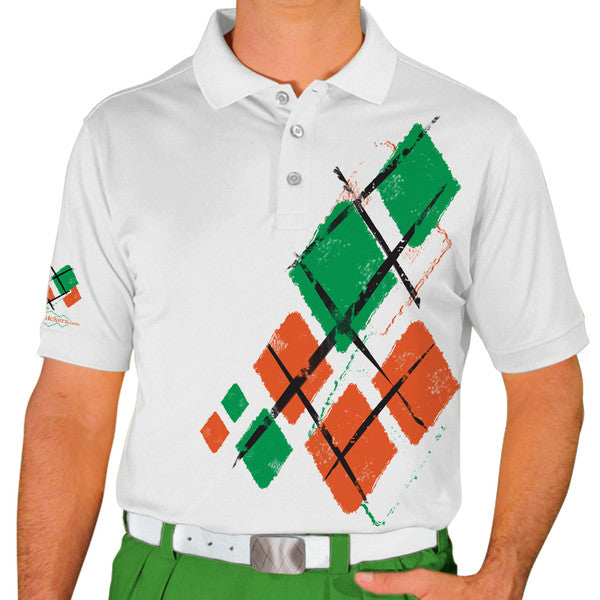 Golf Knickers: Mens Argyle Utopia Golf Shirt - 6Z: White/Orange/Lime