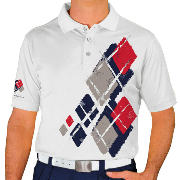 Golf Knickers: Mens Argyle Utopia Golf Shirt -  V: Navy/Taupe/Red