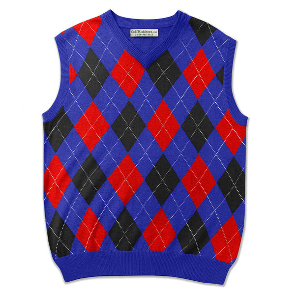 Golf Knickers: Men's Argyle Sweater Vest - Royal/Red/Black