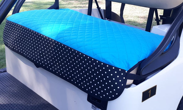 GolfChic: Golf Cart Seat Cover - Turquoise Quilted with B&W PD Trim & Black Binding