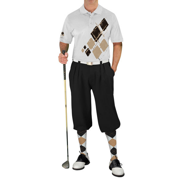 Golf Knickers: Mens Argyle Utopia Golf Shirt - YYY: White/Black/Khaki