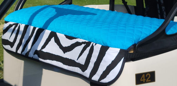 GolfChic: Golf Cart Seat Cover - Turquoise Quilted with B&W Zebra Trim & Black Binding