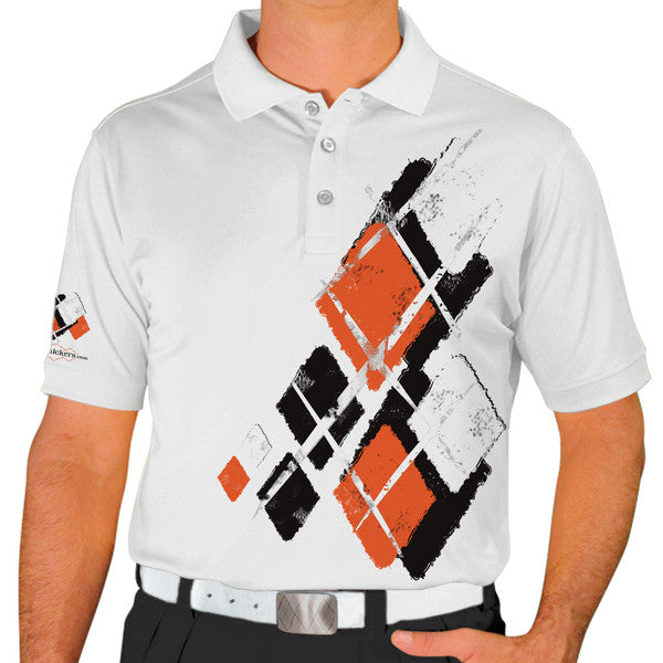 Golf Knickers: Mens Argyle Utopia Golf Shirt - SSS: Black/Orange/White