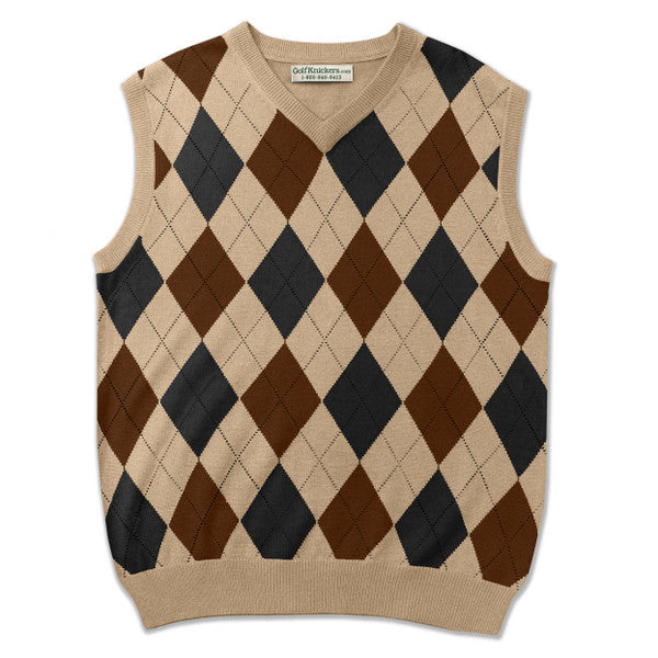 Golf Knickers: Men's Argyle Sweater Vest - Khaki/Brown/Black
