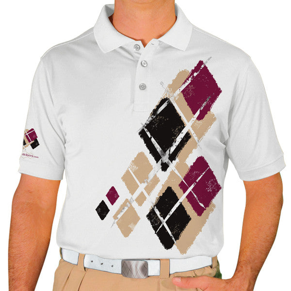 Golf Knickers: Mens Argyle Utopia Golf Shirt - HHH: Khaki/Black/Maroon