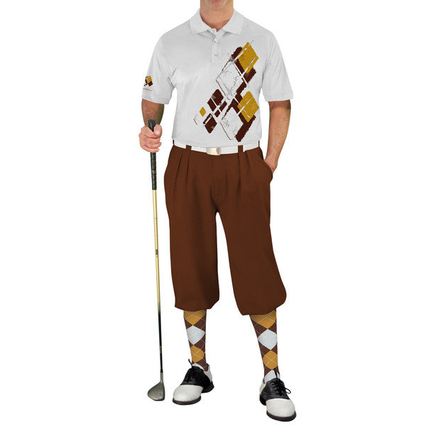 Golf Knickers: Mens Argyle Utopia Golf Shirt - EEEE: Brown/Gold/White