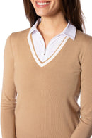 Golftini: Women's Long Sleeve V-Neck Sweater - Camel/White