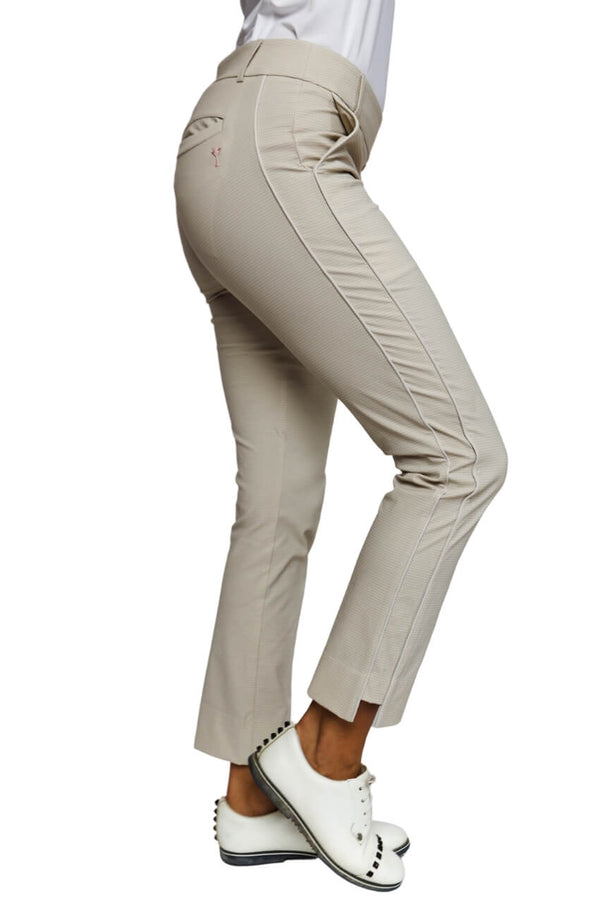 Golftini: Women's Pull-On Stretch Ankle Pant - Khaki Houndstooth