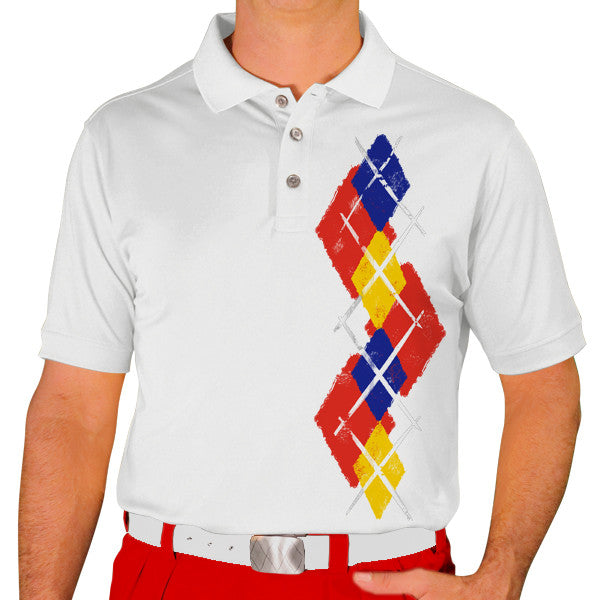 Golf Knickers: Men's Argyle Paradise Golf Shirt - Red/Yellow/Royal