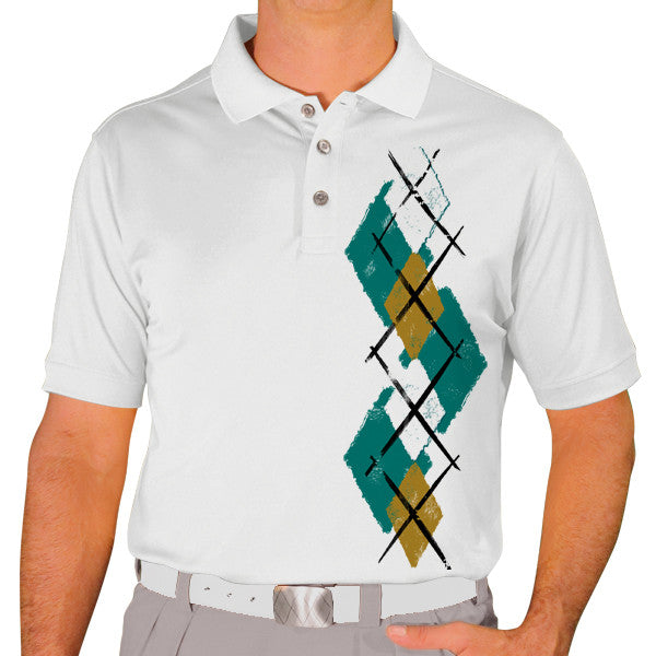 Golf Knickers: Men's Argyle Paradise Golf Shirt - Teal/Bronze/White