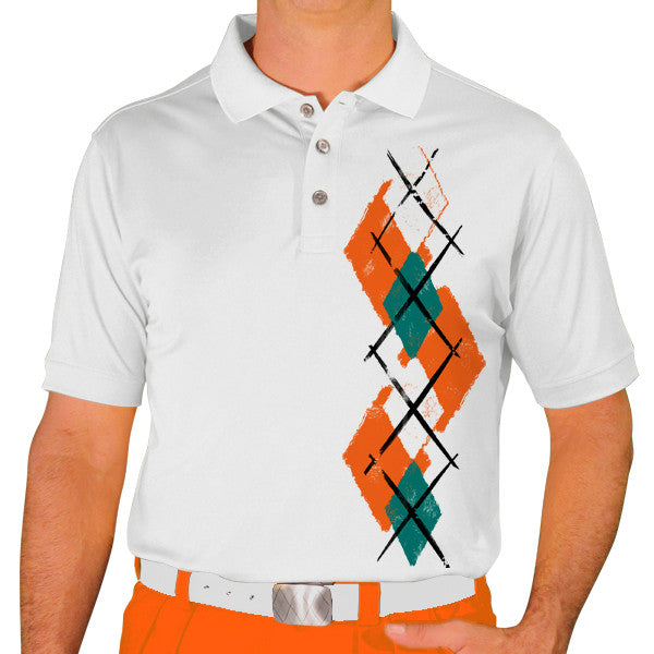Golf Knickers: Men's Argyle Paradise Golf Shirt - Orange/White/Teal