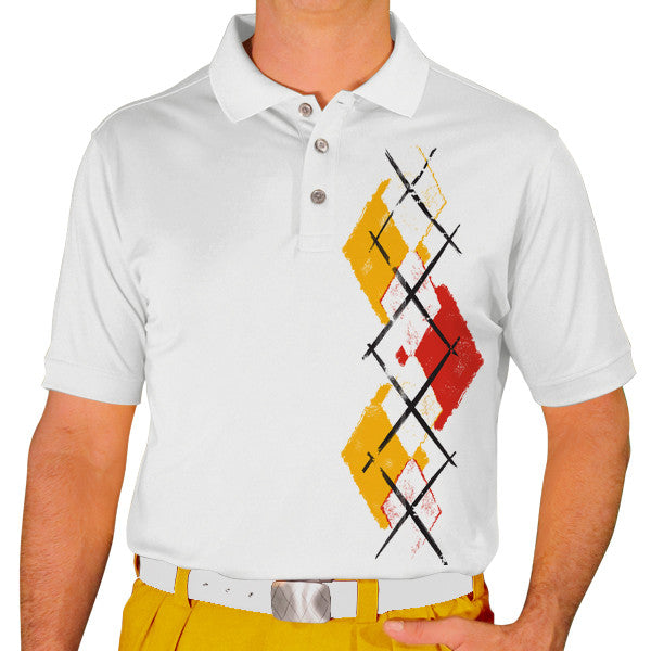 Golf Knickers: Men's Argyle Paradise Golf Shirt - White/Gold/Red