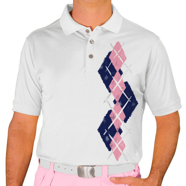 Golf Knickers: Men's Argyle Paradise Golf Shirt - Navy/Pink