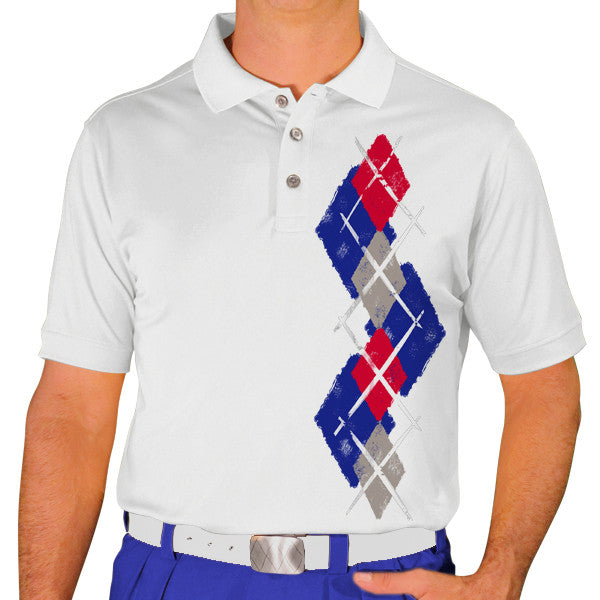 Golf Knickers: Men's Argyle Paradise Golf Shirt - Royal/Taupe/Red