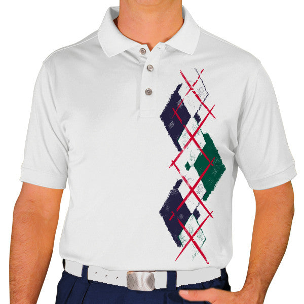 Golf Knickers: Men's Argyle Paradise Golf Shirt - White/Dark Green/Navy