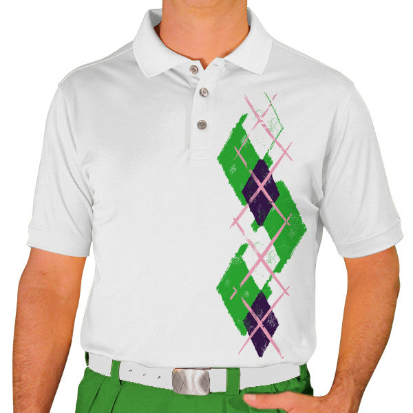 Golf Knickers: Men's Argyle Paradise Golf Shirt - Lime/Purple/White