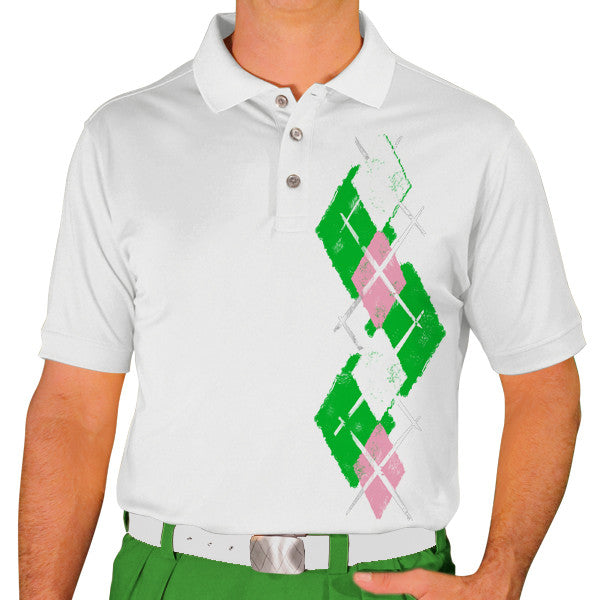 Golf Knickers: Men's Argyle Paradise Golf Shirt - Lime/Pink/White